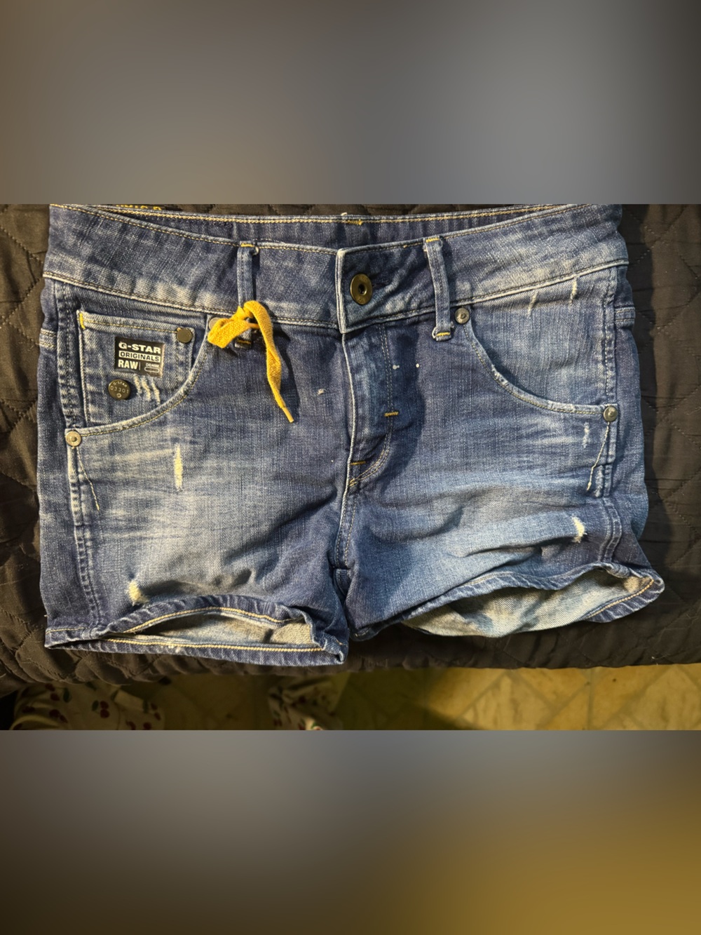 G-Star Women's Blue Distressed Jean Shorts with Yellow Drawstring